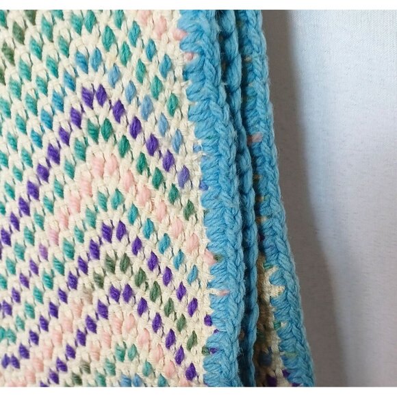 Handmade Crochet Blanket With Chevron Pastel Design & Blue Trim - Picture 3 of 4